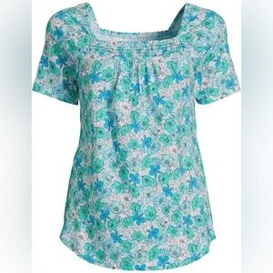 Lands' End Women's Short Sleeve Light Weight Smocked Square Neck Top